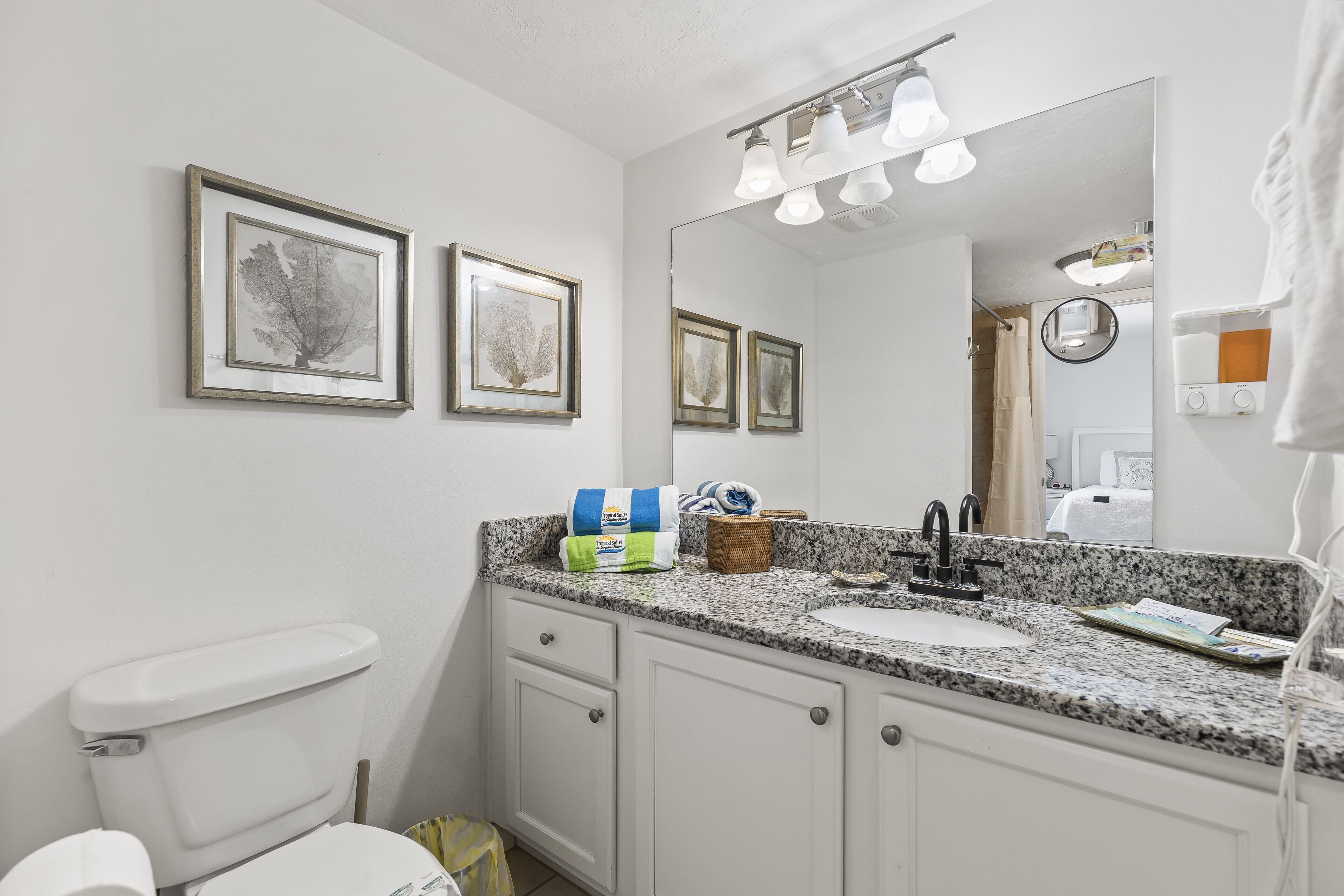 A bathroom with a white toilet, a granite countertop sink, a mirror, and framed artwork on the wall.