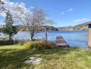 A lakeside view with a wooden dock extending into the water, surrounded by grassy areas and trees.