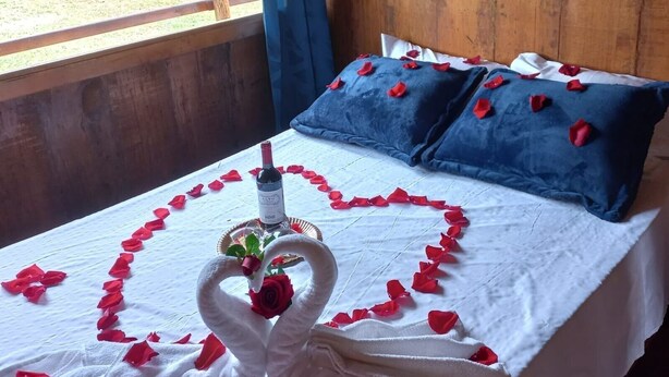 Una cama con pétalos de rosa formando un corazón y dos cisnes, una botella de vino y una rosa sobre la cama.