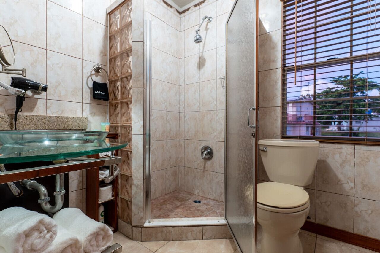 Een badkamer met een douchecabine van glas, een toilet en een wastafel met een handdoekhouder.