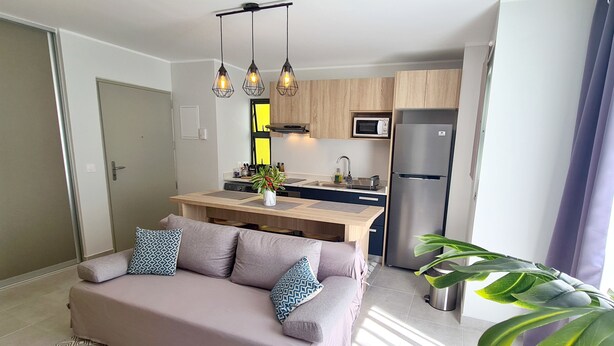 A modern apartment with a kitchenette, a sofa with patterned cushions, and a potted plant. - Appart Hitivai by Tahiti Homes (Papeete)