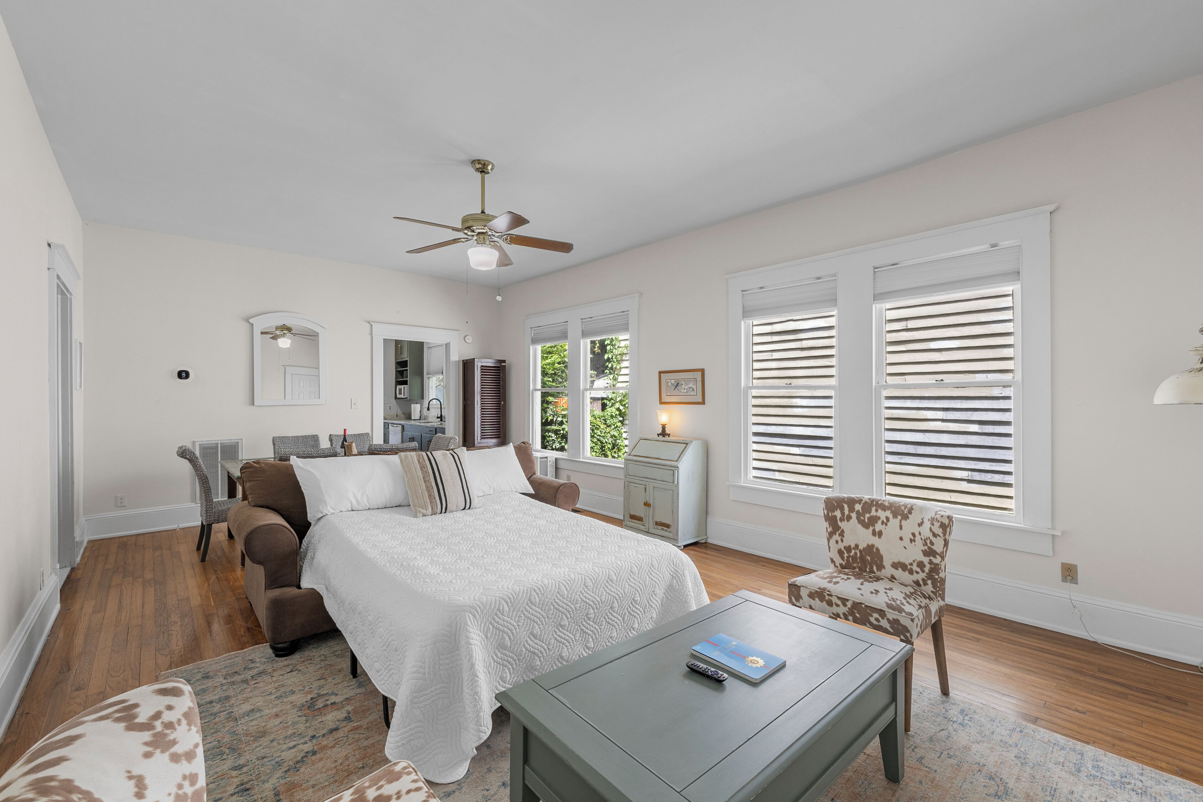 1 bedroom, desk, iron/ironing board, travel crib