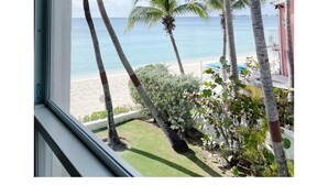A view from a window overlooking a beach with palm trees and a clear sky.