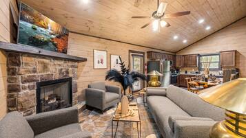 Smart TV, fireplace, video games, DVD player