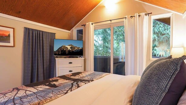 A bedroom with a bed, a dresser, a television, and a window with curtains.