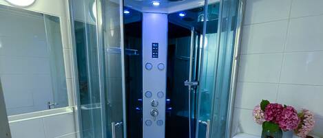 A modern bathroom with a glass-enclosed shower, a white sink with a soap dispenser, and a toilet.