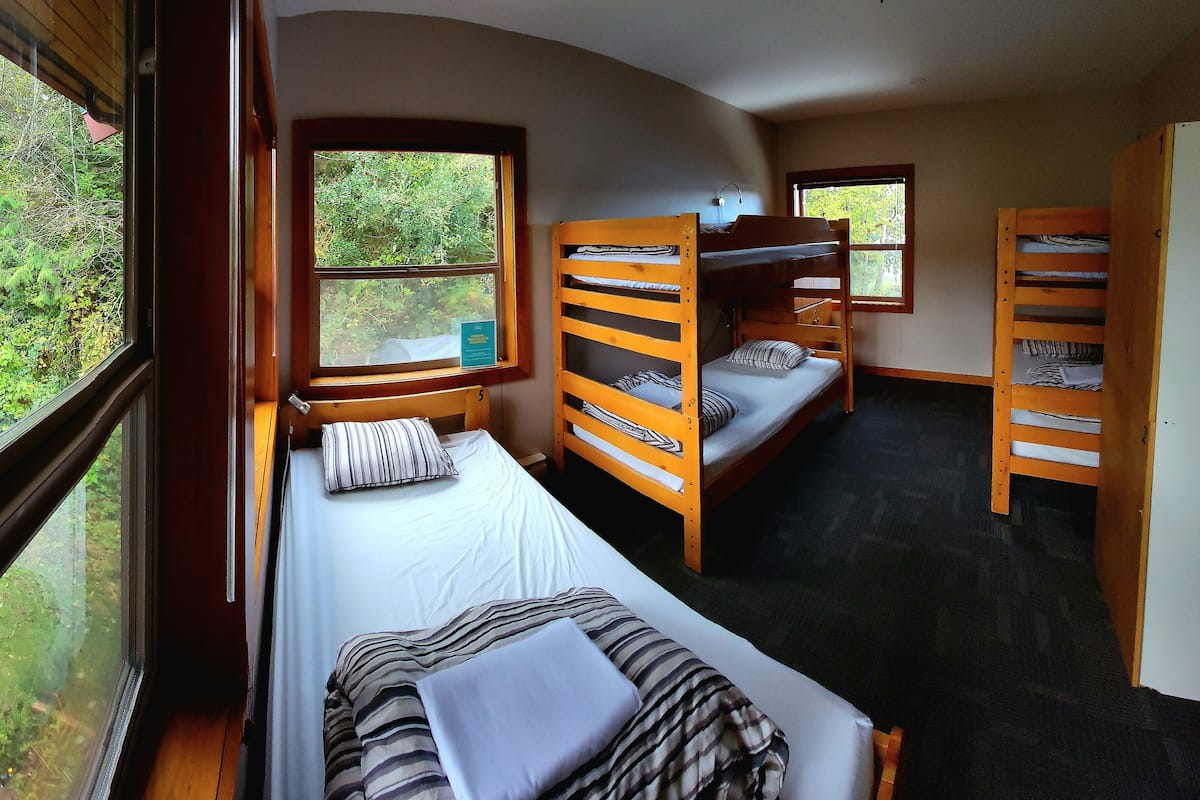 Een kamer met stapelbedden, een bureau en een raam met uitzicht op groen.