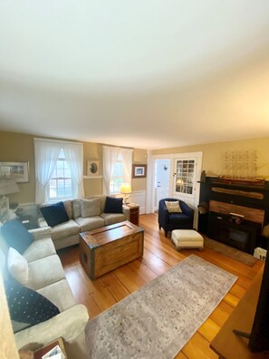 Smart TV, caminetto, lettore DVD, libri