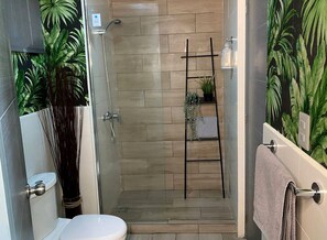 Hair dryer, towels, soap, toilet paper