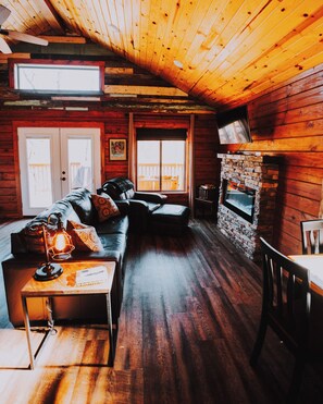 Télévision, cheminée, livres, chaîne hi-fi