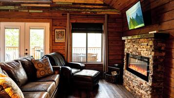 TV, fireplace, books, stereo