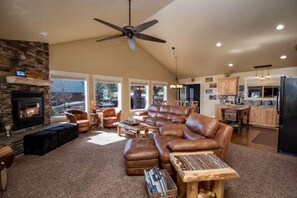 Smart TV, chimenea, reproductor de DVD y libros 