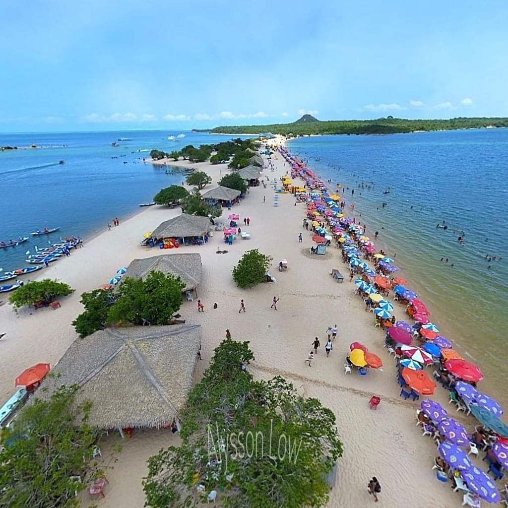 A beach with rows of colorful umbrellas and thatched-roof huts.