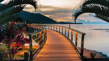 Un muelle de madera que conduce a una masa de agua, rodeado de palmeras y una montaña distante.