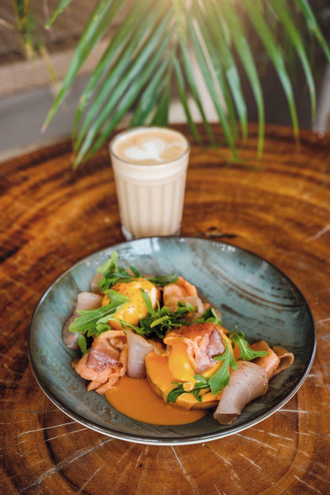 A plate of food with a creamy sauce, garnished with greens, on a textured table.