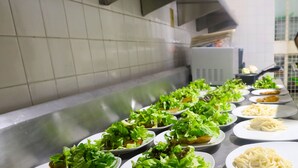 A kitchen with a stainless steel counter displaying plates of pasta and salads, and a person in an apron preparing food. - Hotel Grand Vista Cuernavaca (Cuernavaca)