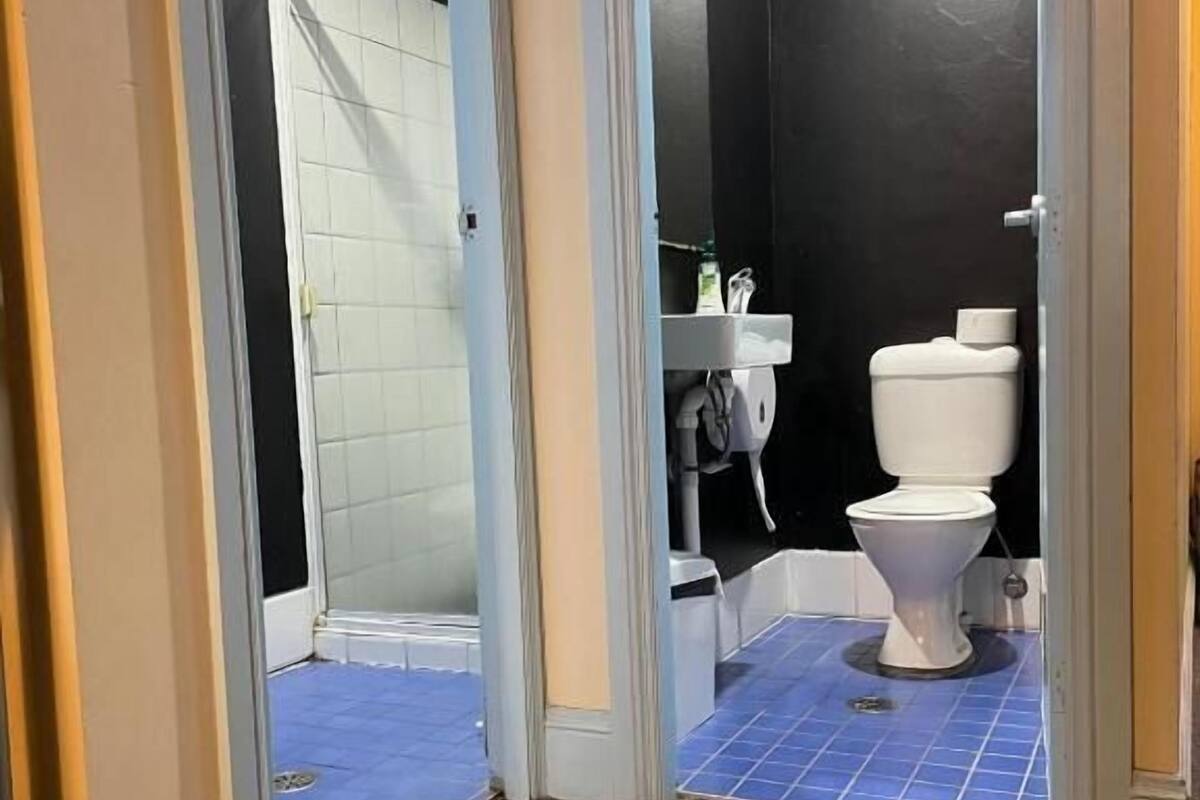 Une salle de bain avec des toilettes blanches, un lavabo et un miroir. On y trouve une cabine de douche carrelée de bleu et un mur de couleur sombre.