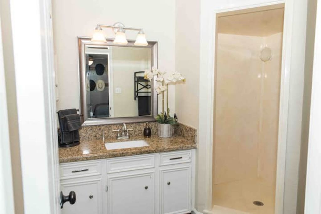 A bathroom with a granite countertop, a sink, a mirror with lights, a potted plant, and a shower area.
