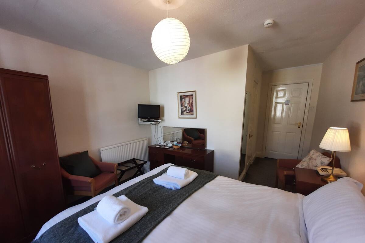 Een hotelkamer met een bed, een bureau, een stoel, een televisie en een deur.