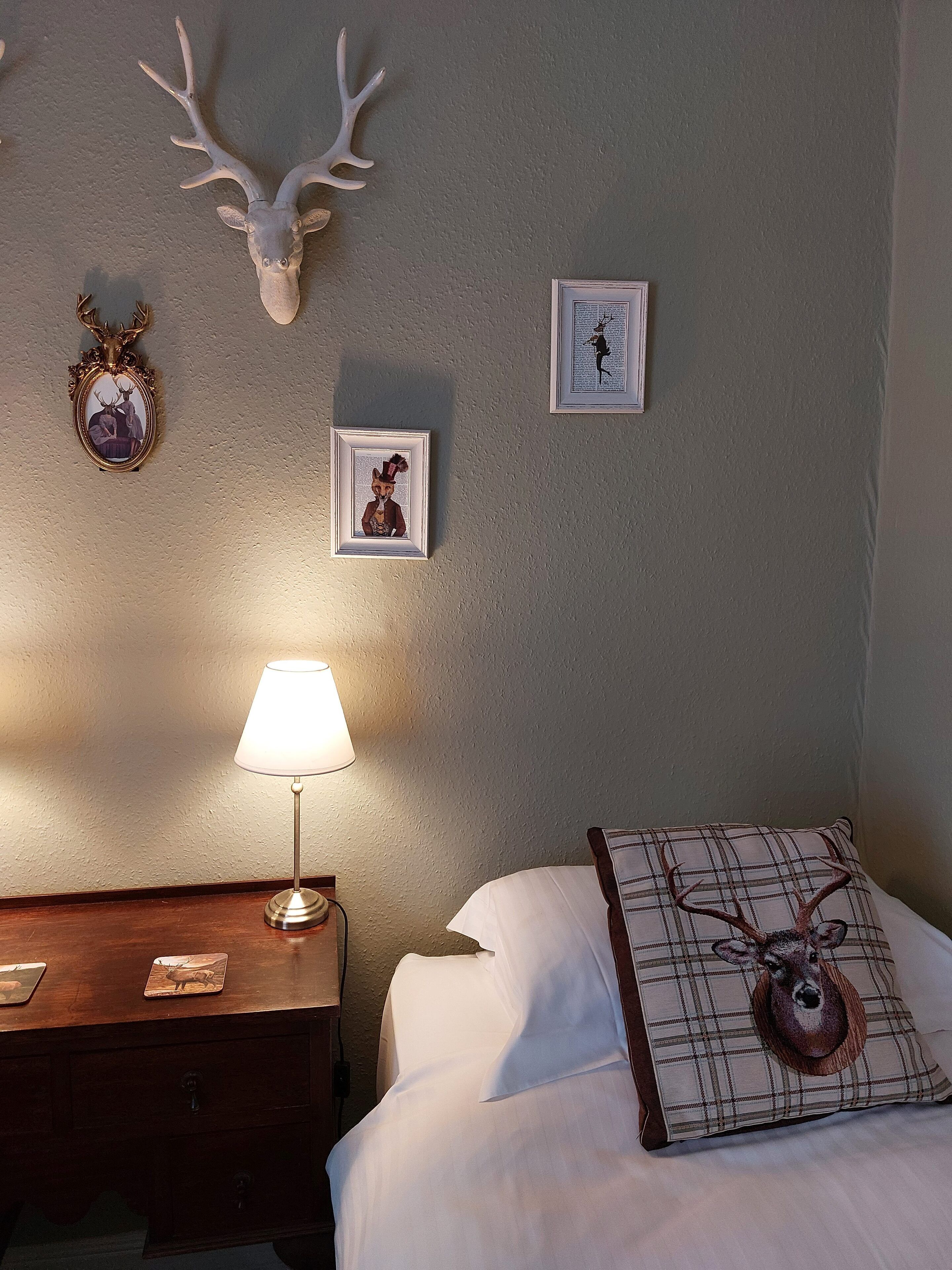 Un dormitorio con una cama, una mesita de noche, una lámpara y adornos en la pared, incluyendo una cabeza de ciervo y fotografías enmarcadas.