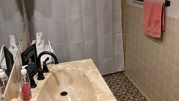 Bañera con ducha, secador de pelo, toallas, papel higiénico