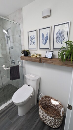 A modern bathroom with a glass shower enclosure, a toilet, and a sink. There are framed botanical prints on the wall, a small plant on a shelf, and a woven basket on the floor.