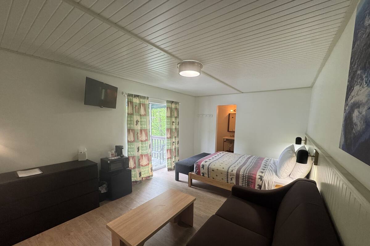 Una habitación con cama, sofá, mesa, televisor y ventana con cortinas.
