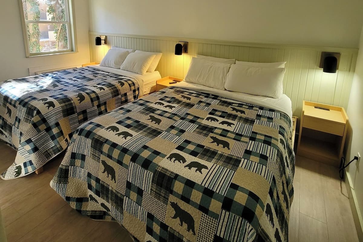 Una habitación con dos camas, cada una con una colcha de cuadros con motivos de osos, una ventana que da a edificios y una lámpara en el techo.