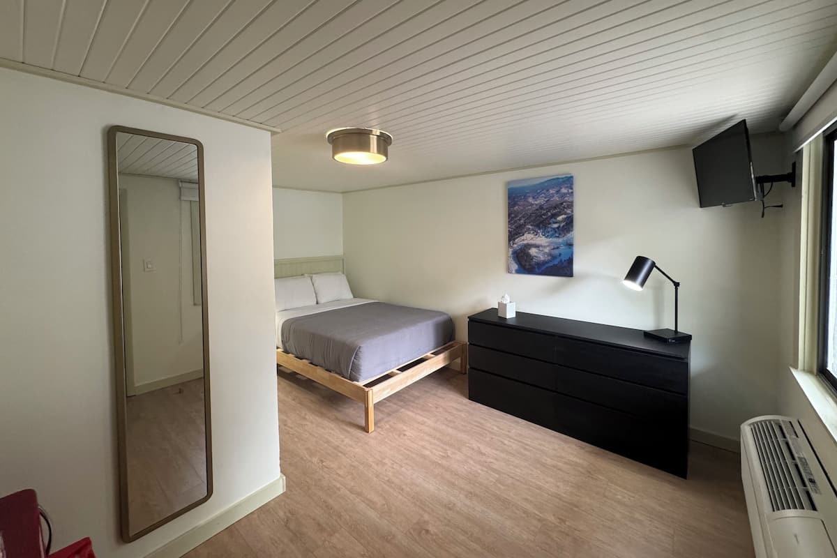 Un dormitorio con cama, cómoda, espejo, un cuadro y televisor en la pared.
