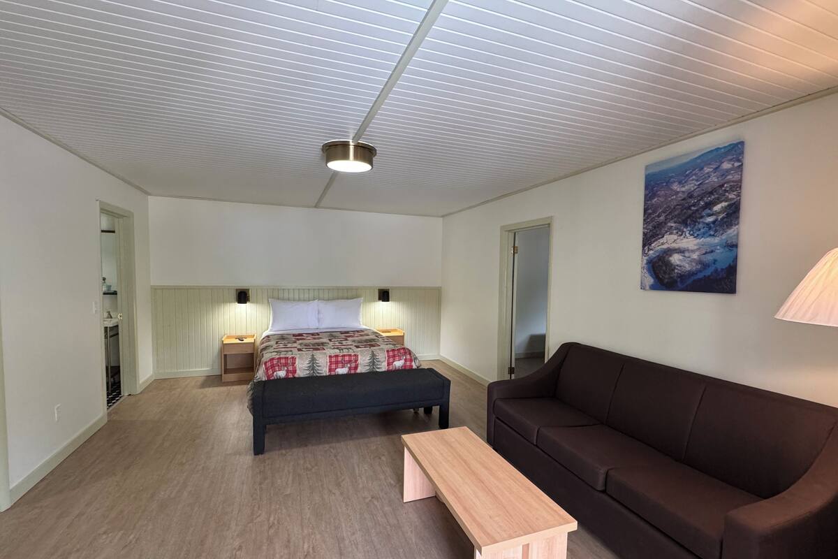 Un dormitorio moderno con cama, mesitas de noche, un banco, un sofá y un cuadro en la pared.