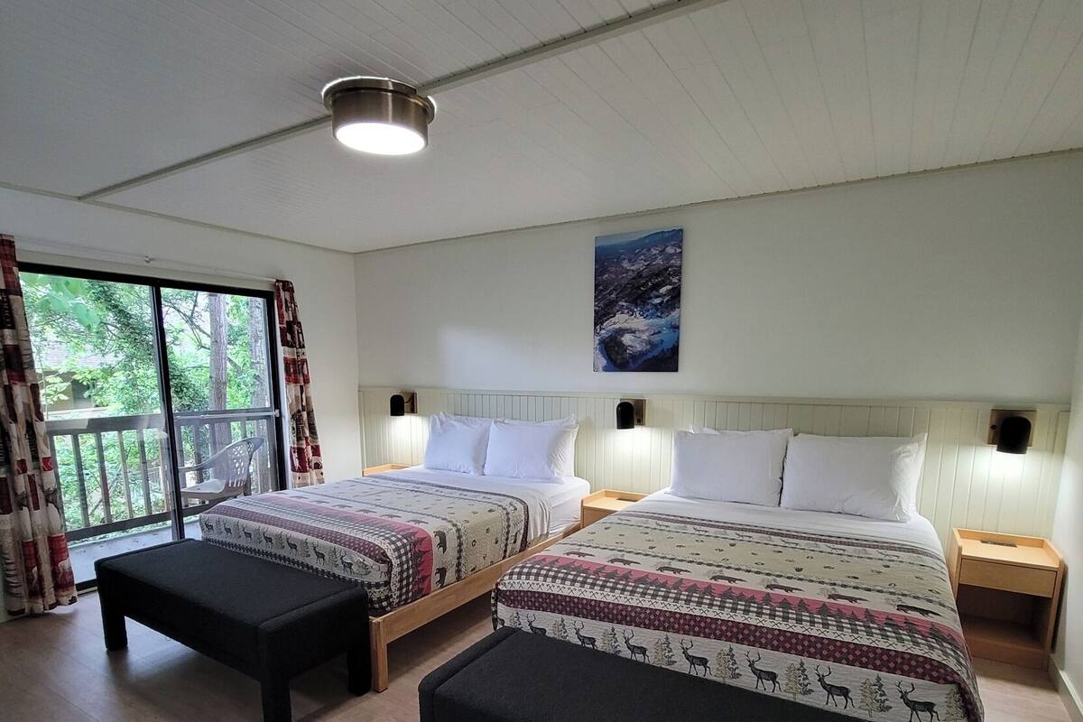 Un dormitorio con dos camas, un ventanal grande y una lámpara en el techo.