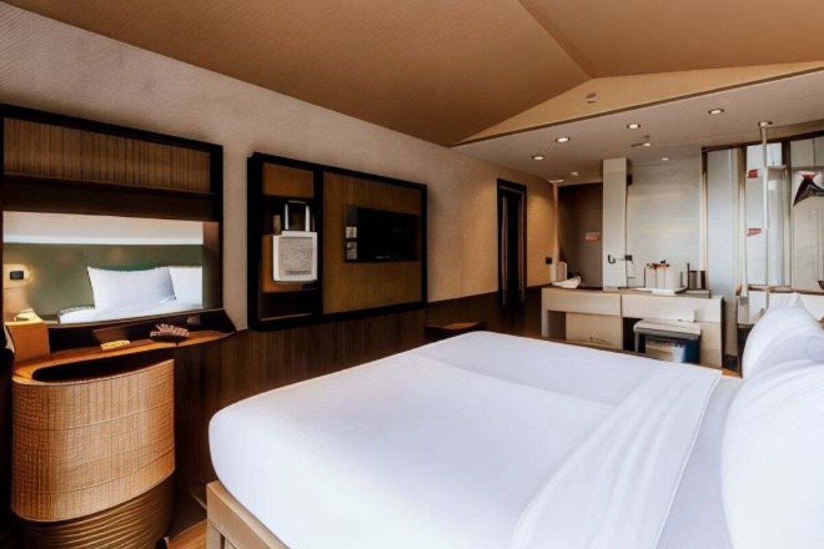 A hotel room with a large bed, a bedside table with a lamp, a mirror, and a wall-mounted TV.