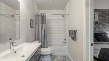 Combined shower/tub, hair dryer, towels, soap