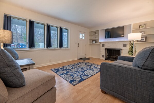 Smart TV, fireplace, books