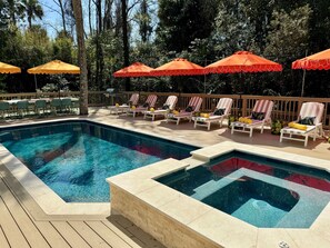 A heated pool, pool loungers