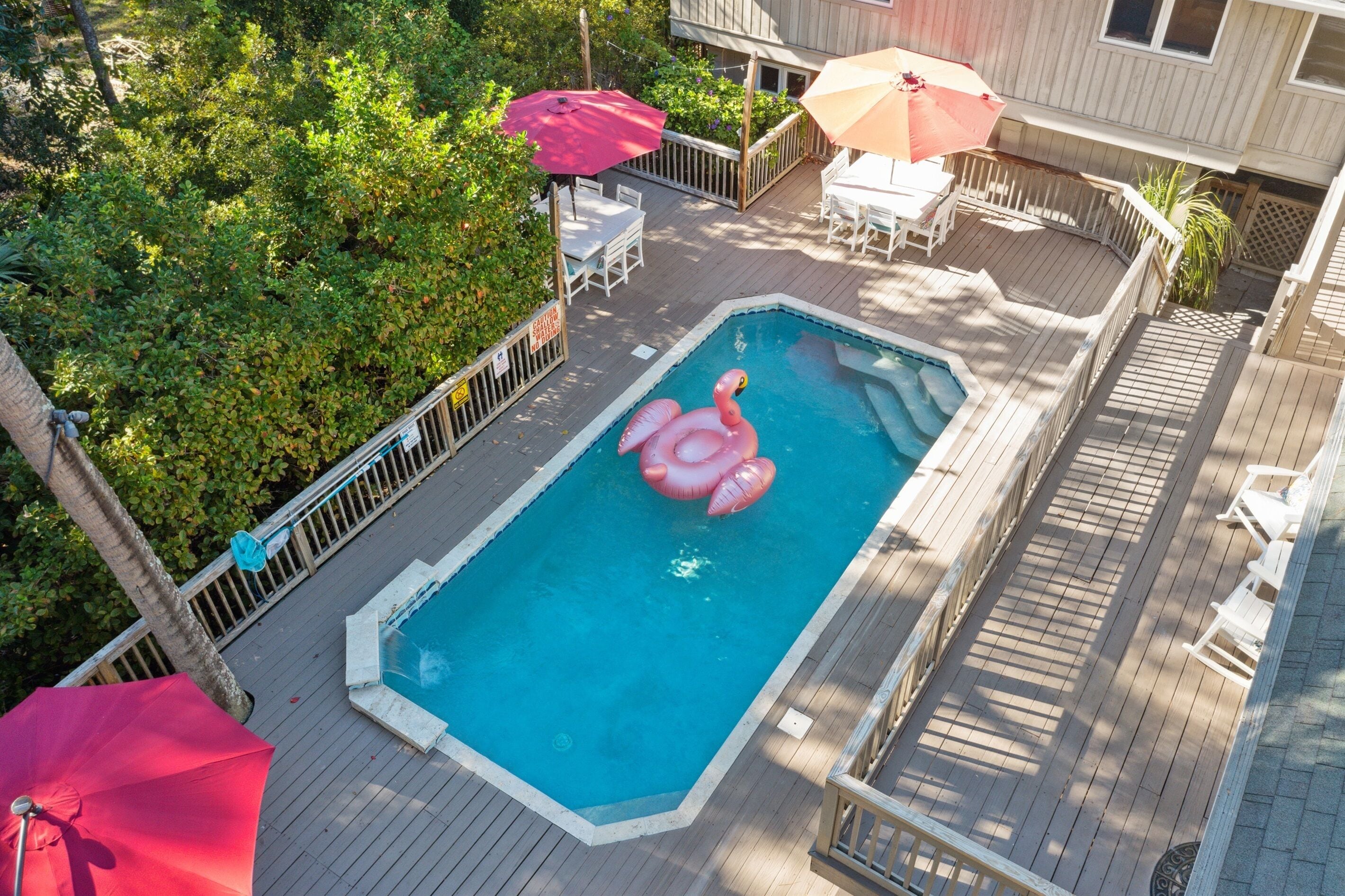 Et oppvarmet basseng og solsenger