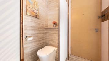 A modern bathroom with a toilet, a shower, and a wooden door.