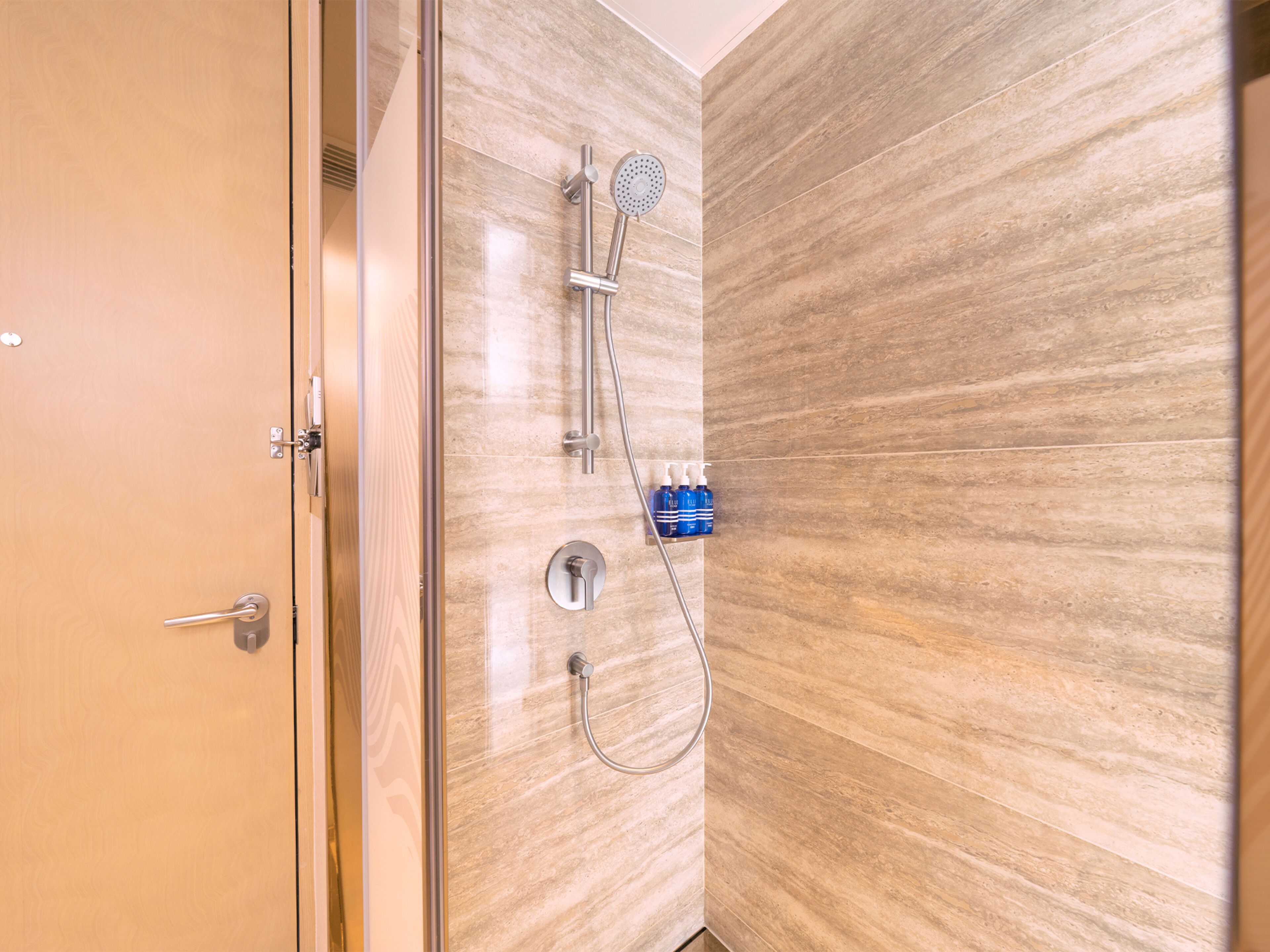 A shower with a handheld showerhead and a wall-mounted faucet, a towel rack with bottles, and a wooden door.