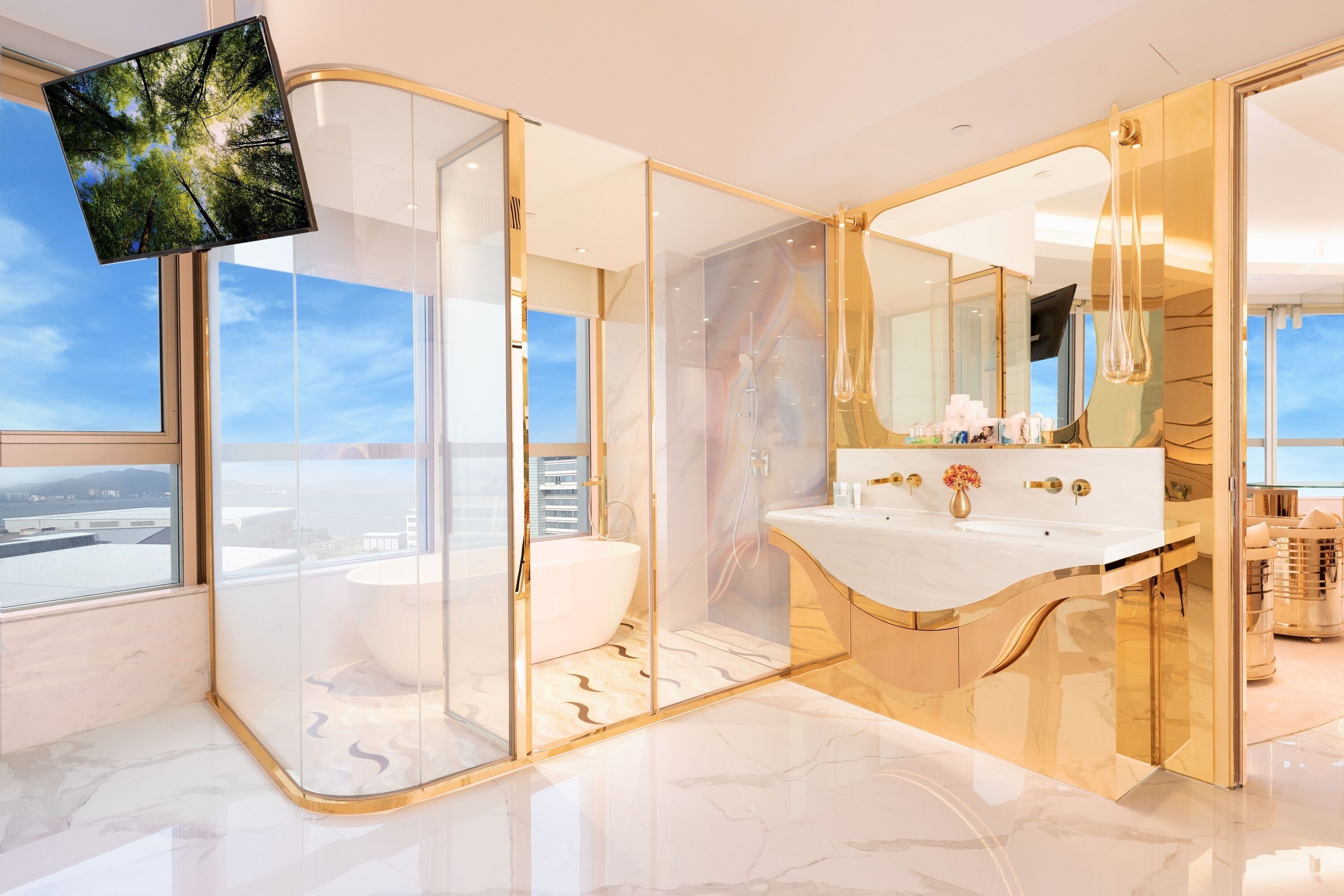 regala suite | bathroom | shower, hair dryer, slippers, towels