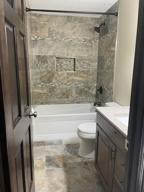 Hair dryer, towels, soap