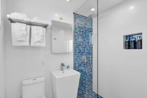 A modern bathroom with a glass shower enclosure, a white sink, and a mirror above it.