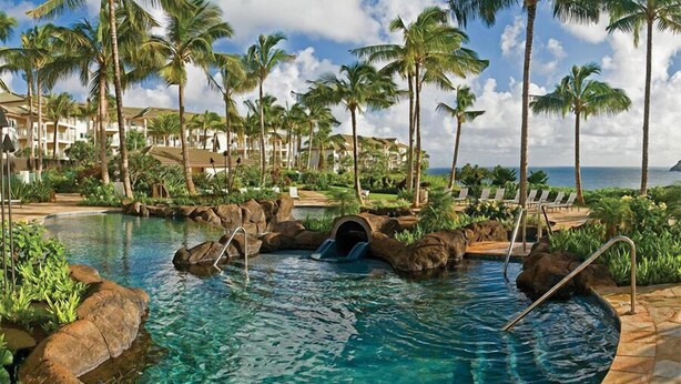 Piscina de resort con agua cristalina, rodeada de palmeras y vistas al océano.