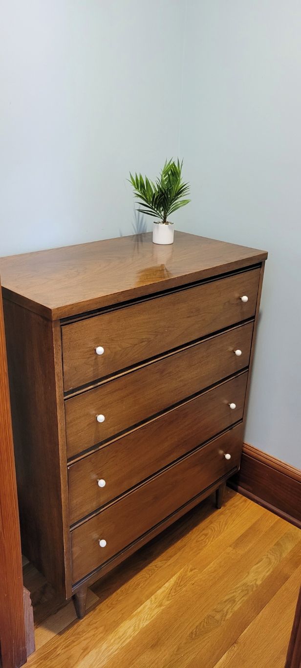 Een houten dressoir met vijf lades en een kleine potplant erop.