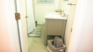 Hair dryer, towels, soap, shampoo