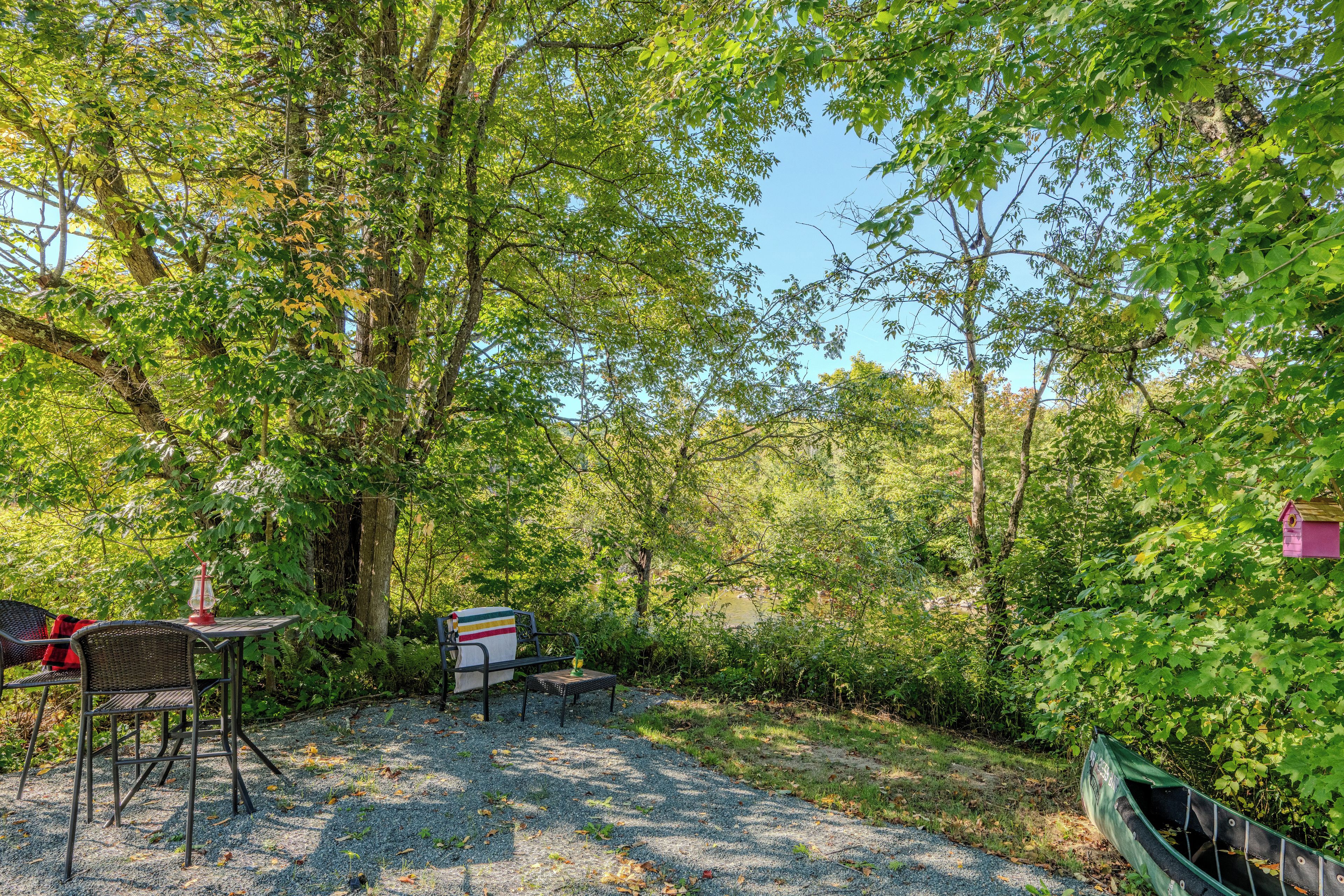 An outdoor seating area with tables and chairs, surrounded by dense foliage and trees.