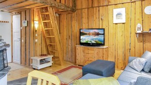 Un intérieur chaleureux en bois, avec une télévision, une échelle et un canapé.
