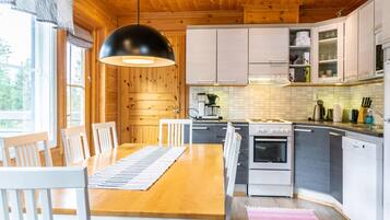 Fridge, microwave, dishwasher, cookware/dishes/utensils