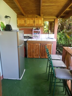 Fridge, stovetop, cookware/dishes/utensils, paper towels