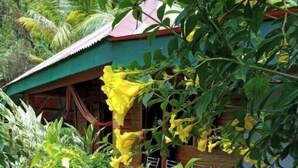 A wooden deck with a rustic house in the background, surrounded by lush greenery and yellow flowers. - Berkey's Jungle Paradise (Roseau)