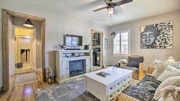 TV, fireplace, DVD player, books